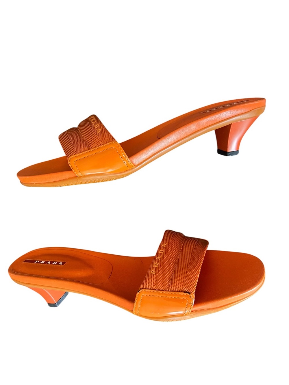 Prada Sport Vintage Women’s Nylon Logo Orange Kitten Heel Sandal Slides Heels 38 - Picture 7 of 13
